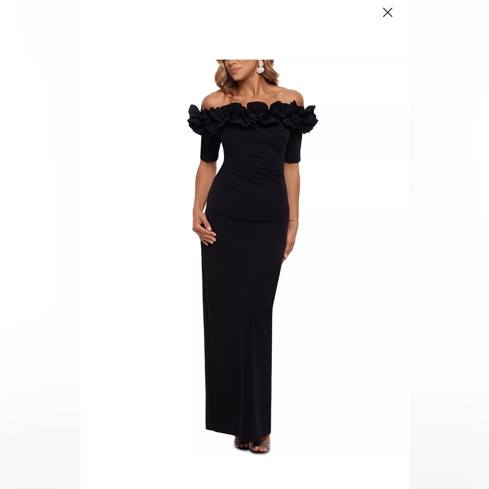 Xscape ruffled off the shoulder gown